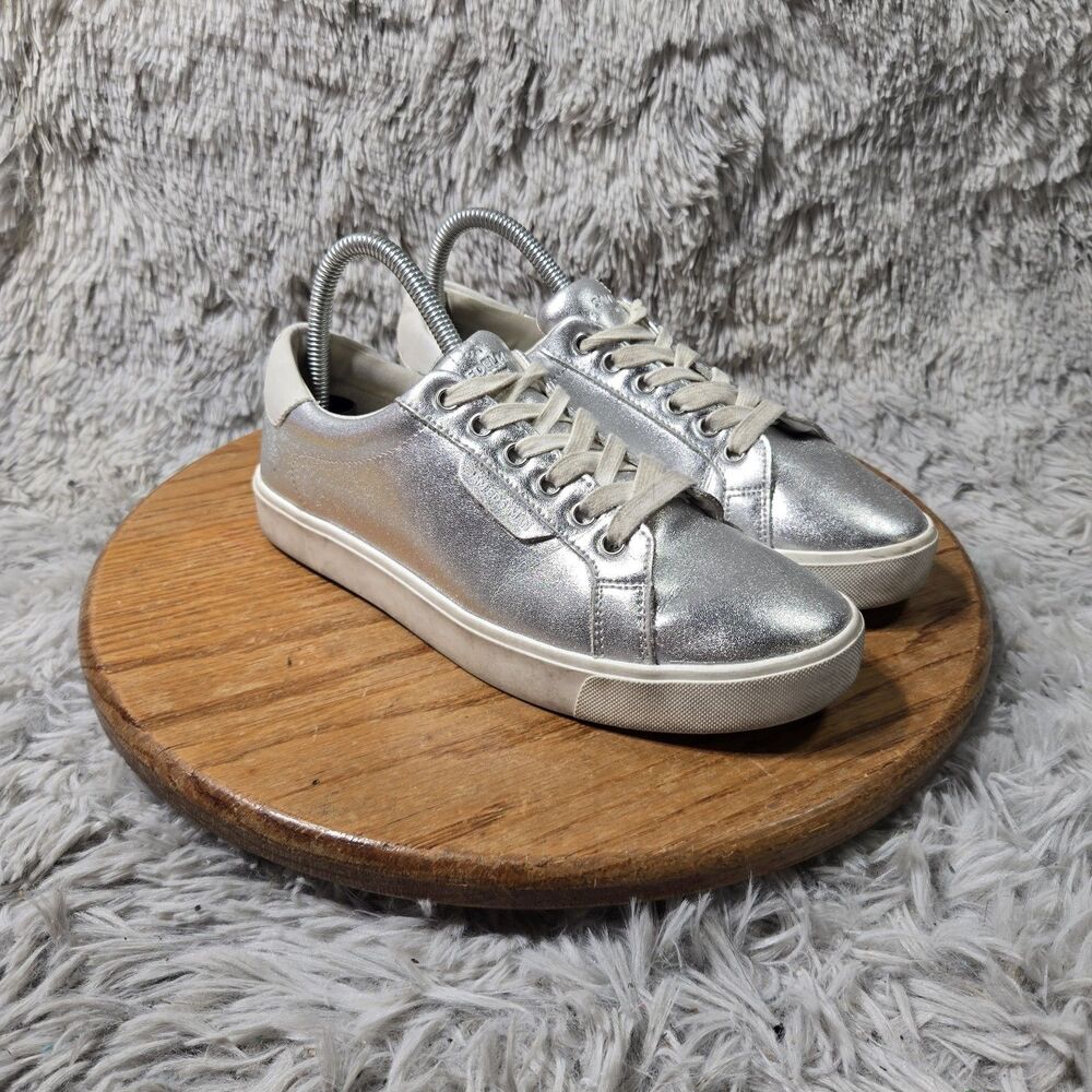 Sam Edelman Poppy Womens Silver Metallic Pebbled Leather Platform Sneaker Size 8